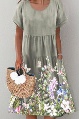 Sweet Floral Patchwork O Neck A Line Short Sleeve Dress