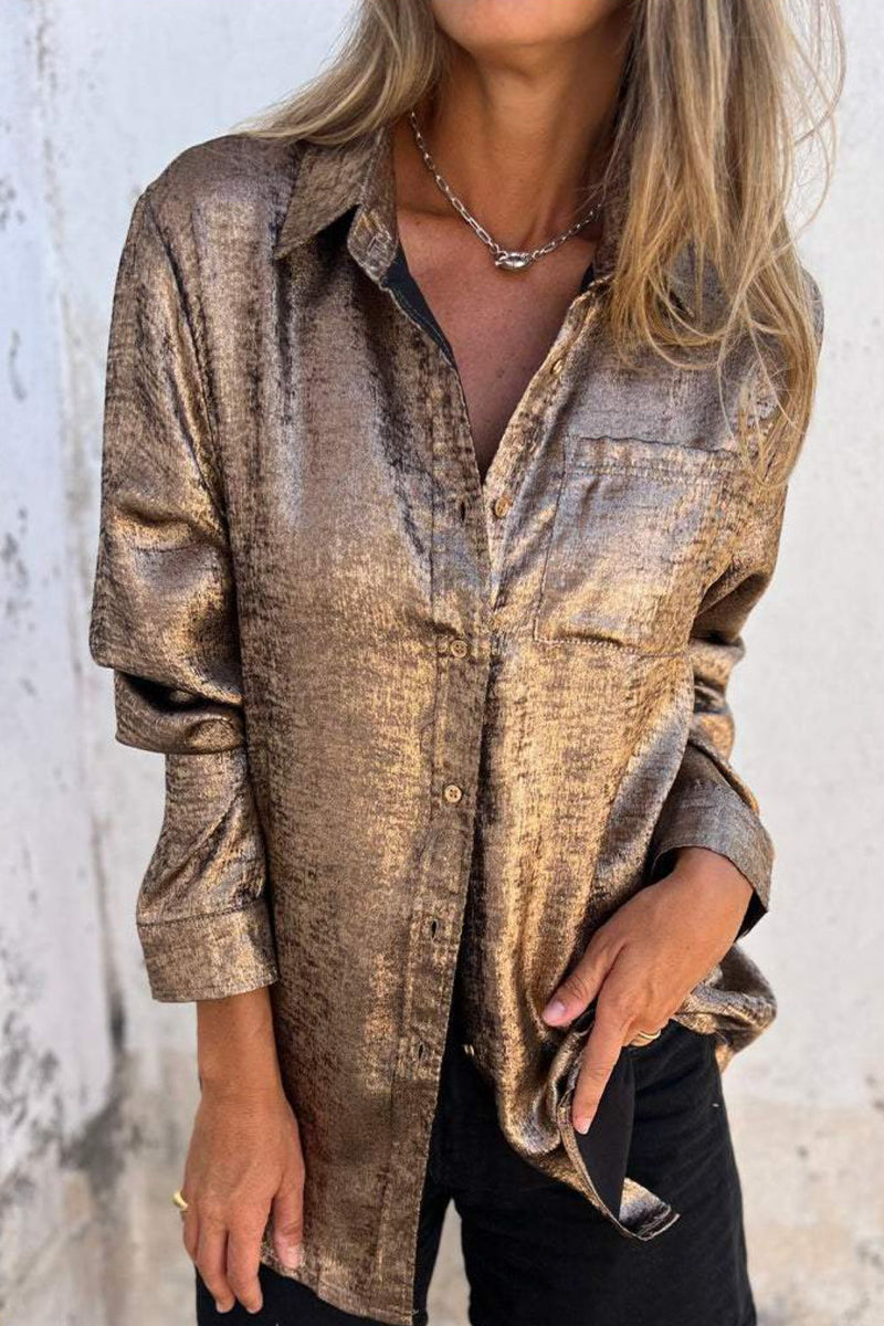 Casual Solid Sequined Turndown Collar Tops