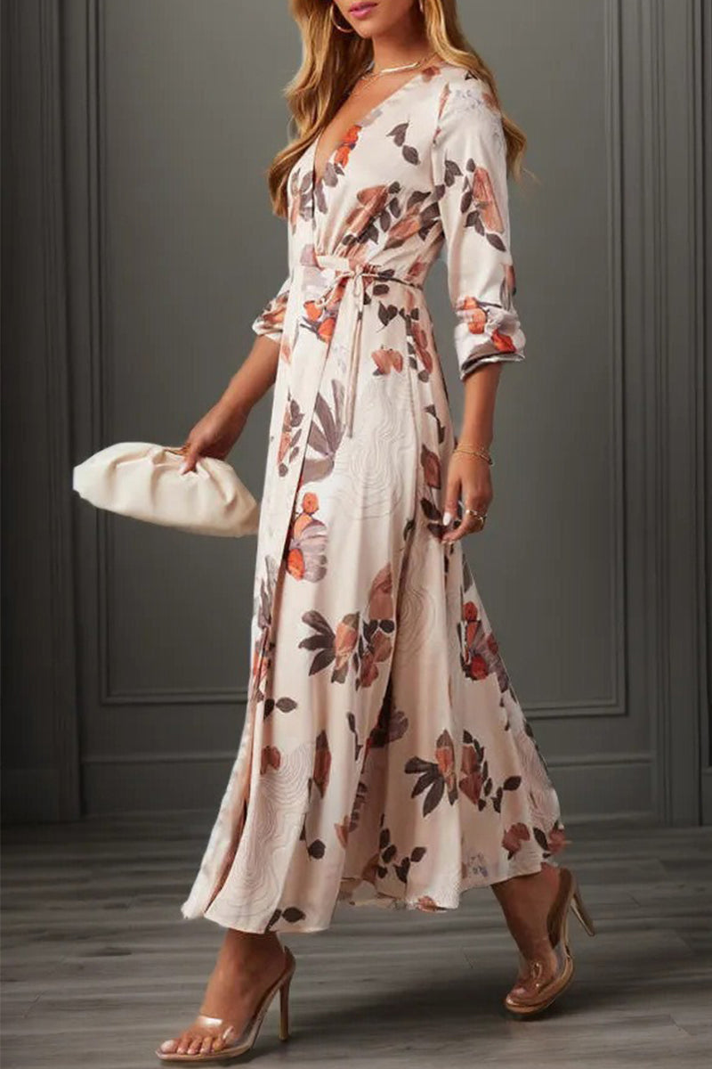 Elegant Floral Frenulum V Neck Printed Dress Dresses