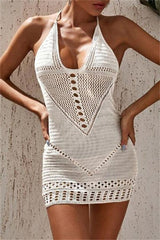 Sexy Solid Bandage Hollowed Out Backless Swimwears Cover Up