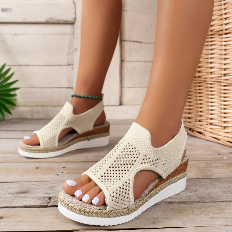 Casual Hollowed Out Patchwork Contrast Fish Mouth Out Wedges Shoes (Heel Height 2.16in)