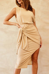 Celebrities Elegant Solid Slit Fold Asymmetrical Oblique Collar Wrapped Skirt Dresses