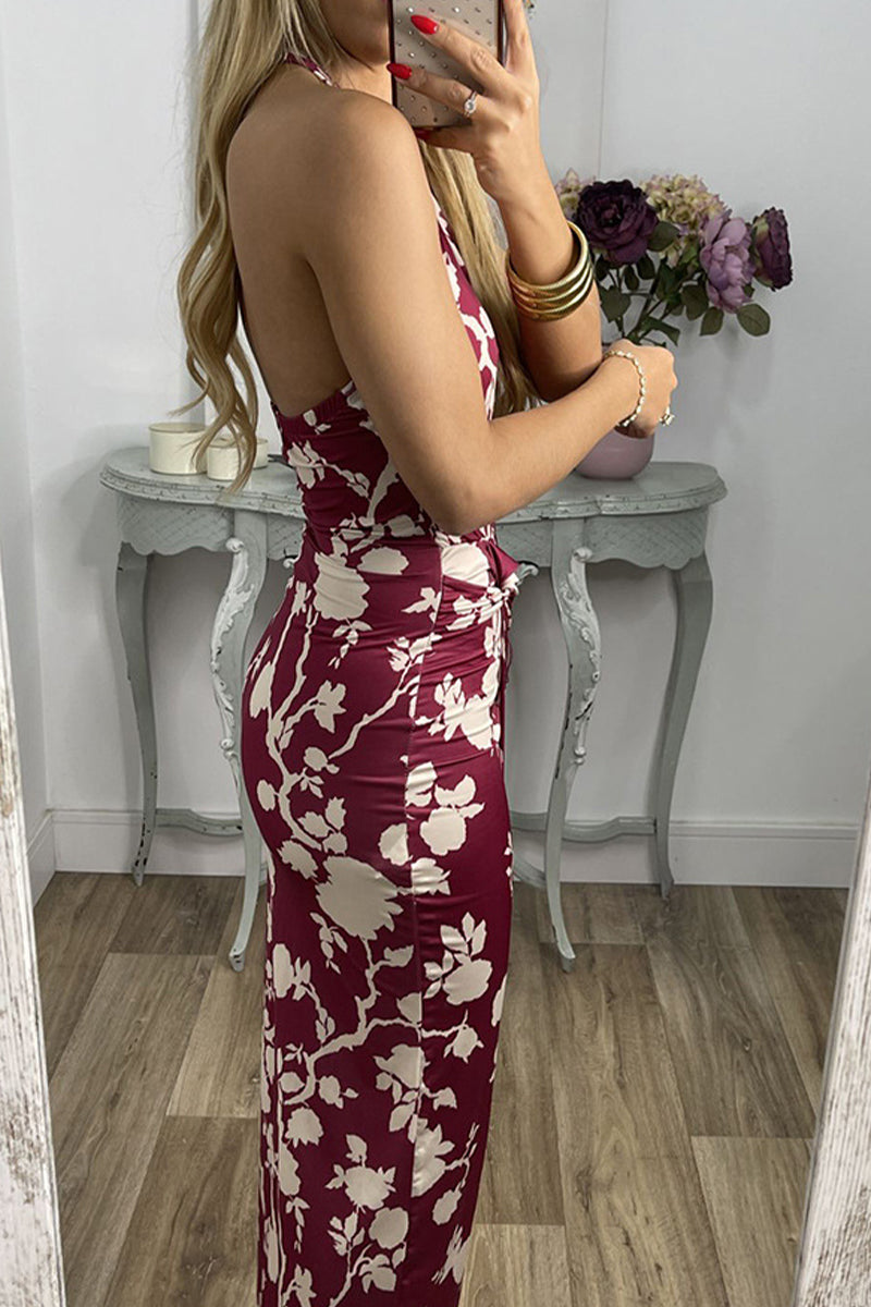 Elegant Floral Slit Fold Halter Printed Dress Dresses