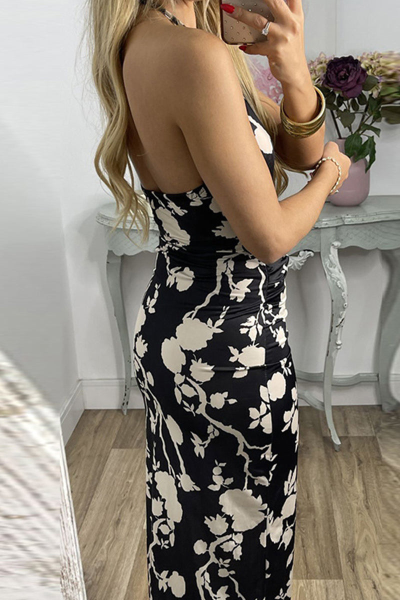 Elegant Floral Slit Fold Halter Printed Dress Dresses