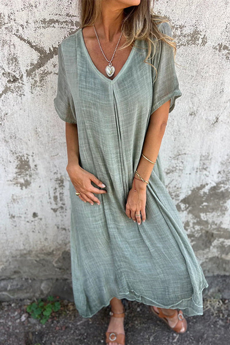 Casual Simplicity Solid Patchwork V Neck Short Sleeve Dress