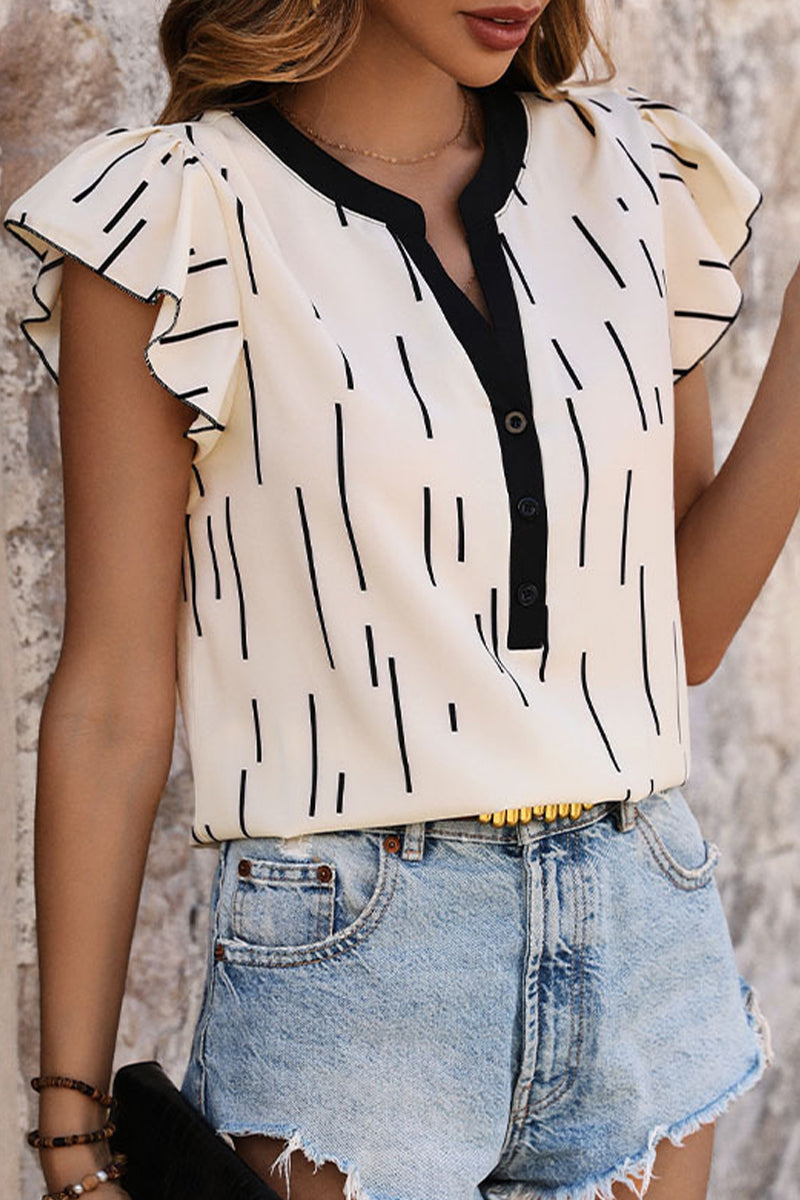 Casual Striped Flounce Cross Straps V Neck Tops