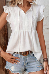 Sweet Elegant Solid Patchwork Flounce V Neck Tops