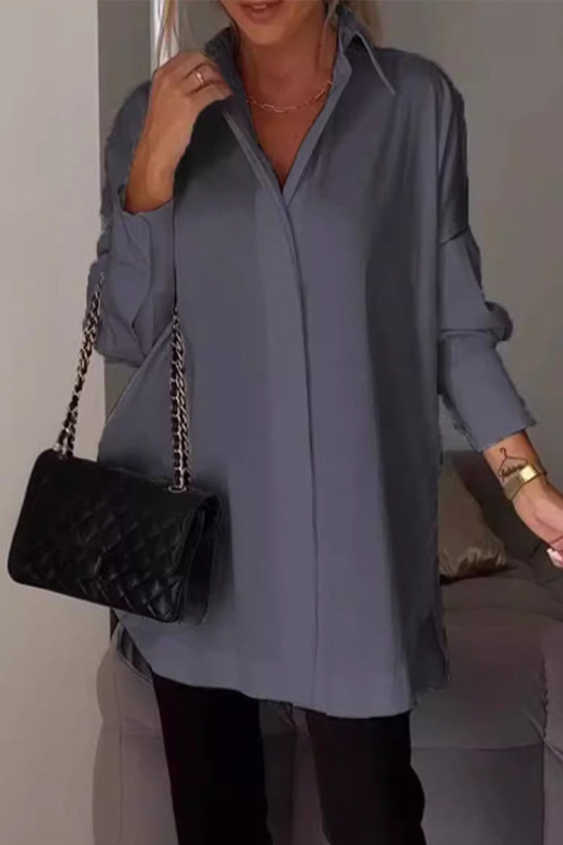 Casual Simplicity Solid Buttons Turndown Collar Tops