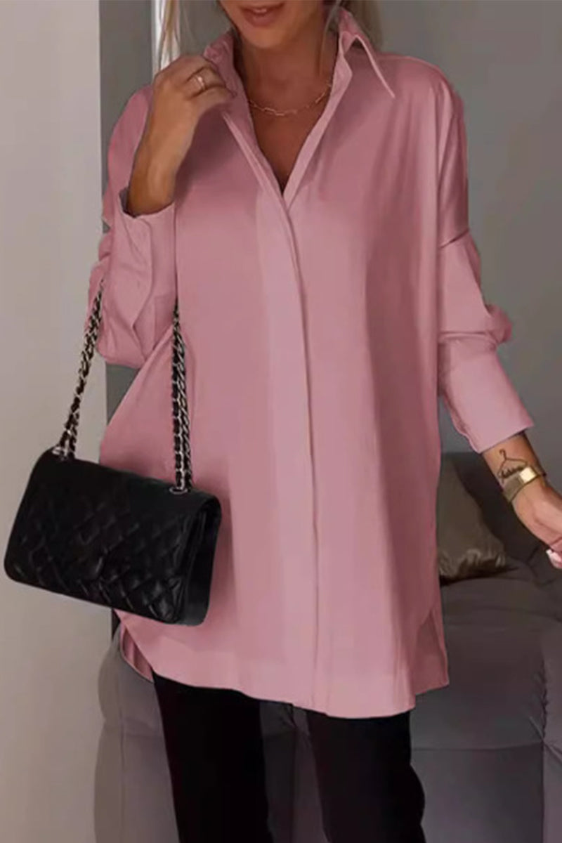 Casual Simplicity Solid Buttons Turndown Collar Tops