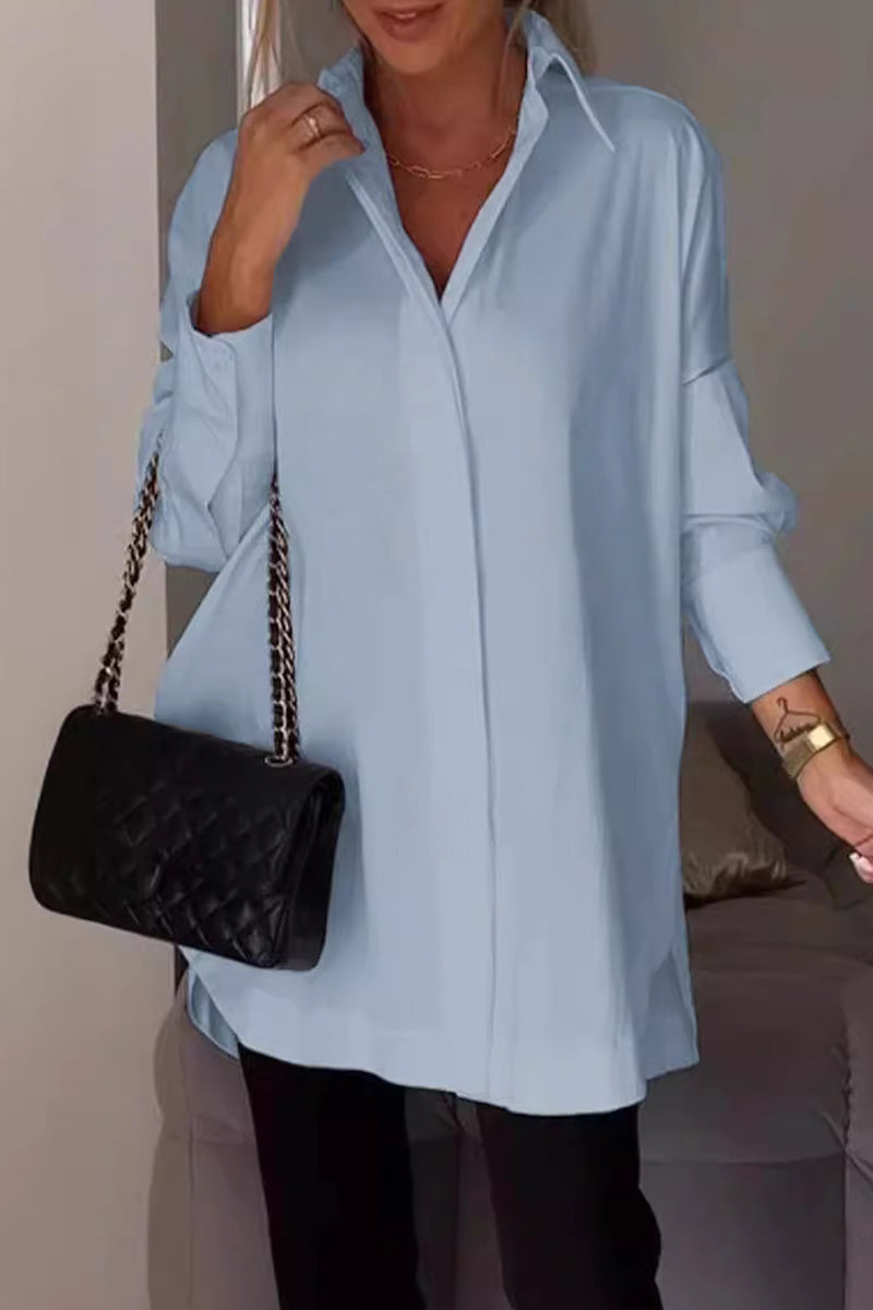 Casual Simplicity Solid Buttons Turndown Collar Tops