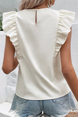 Sweet Simplicity Solid Buttons Flounce O Neck Tops