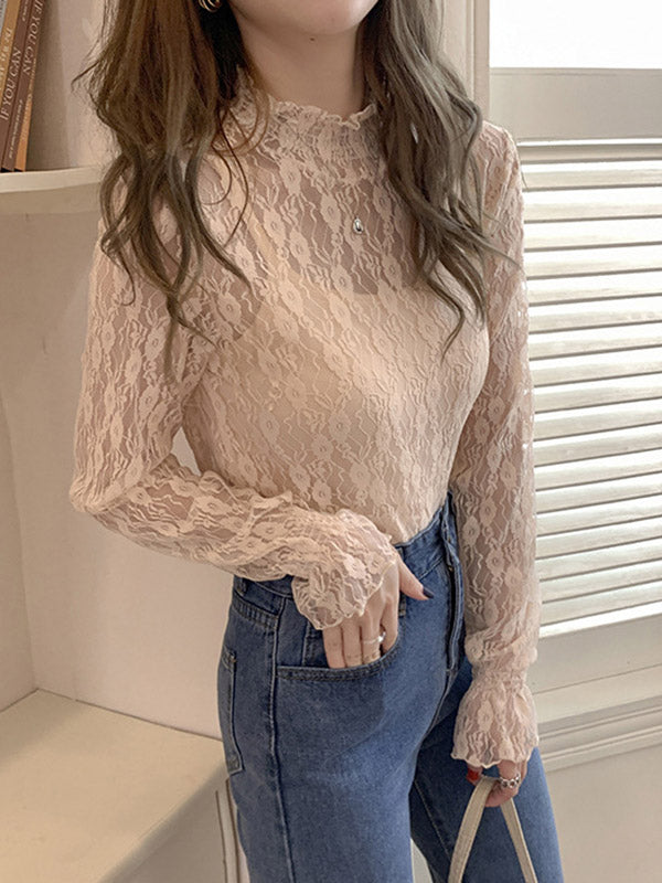 Original Stylish Hollow Mesh Lace High-Neck Long Sleeves T-Shirt Top