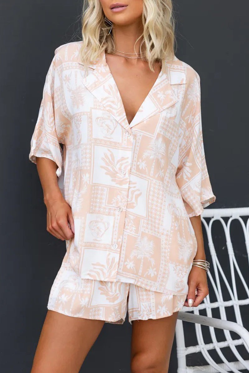 Casual Vacation Geometric Print Buttons Contrast Turndown Collar Half Sleeve Two Pieces