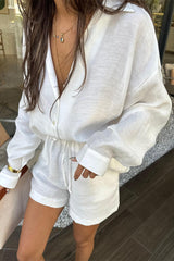 Casual Vacation Solid Draw String Pocket Turndown Collar Long Sleeve Two Pieces