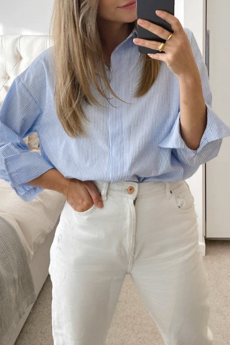 Casual Striped Patchwork Turndown Collar Tops