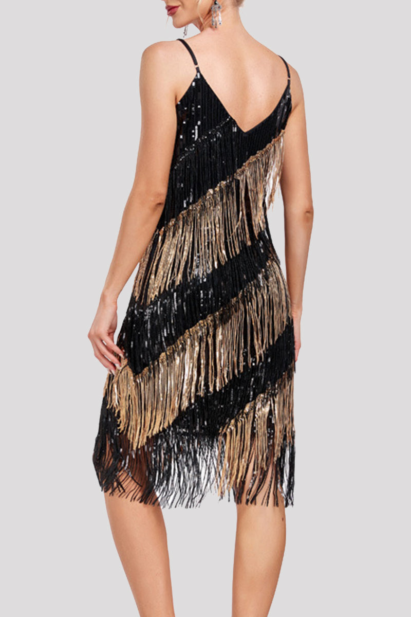 Sexy Party Color Block Tassel Sequins Contrast V Neck Sling Dresses