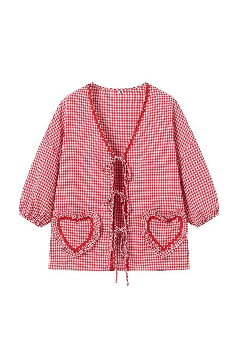 Sweet Plaid Heart Shaped Frenulum Contrast V Neck Tops