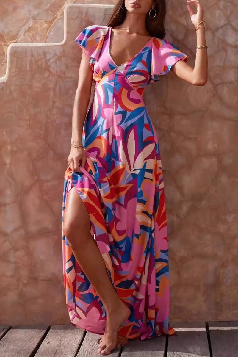 Sexy Vacation Floral Backless Flounce V Neck Beach Dresses