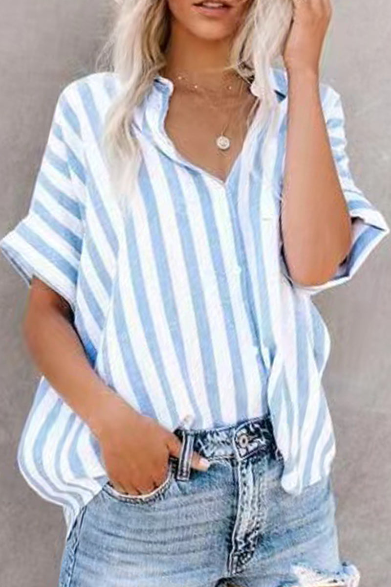 Casual Striped Patchwork Turndown Collar Tops