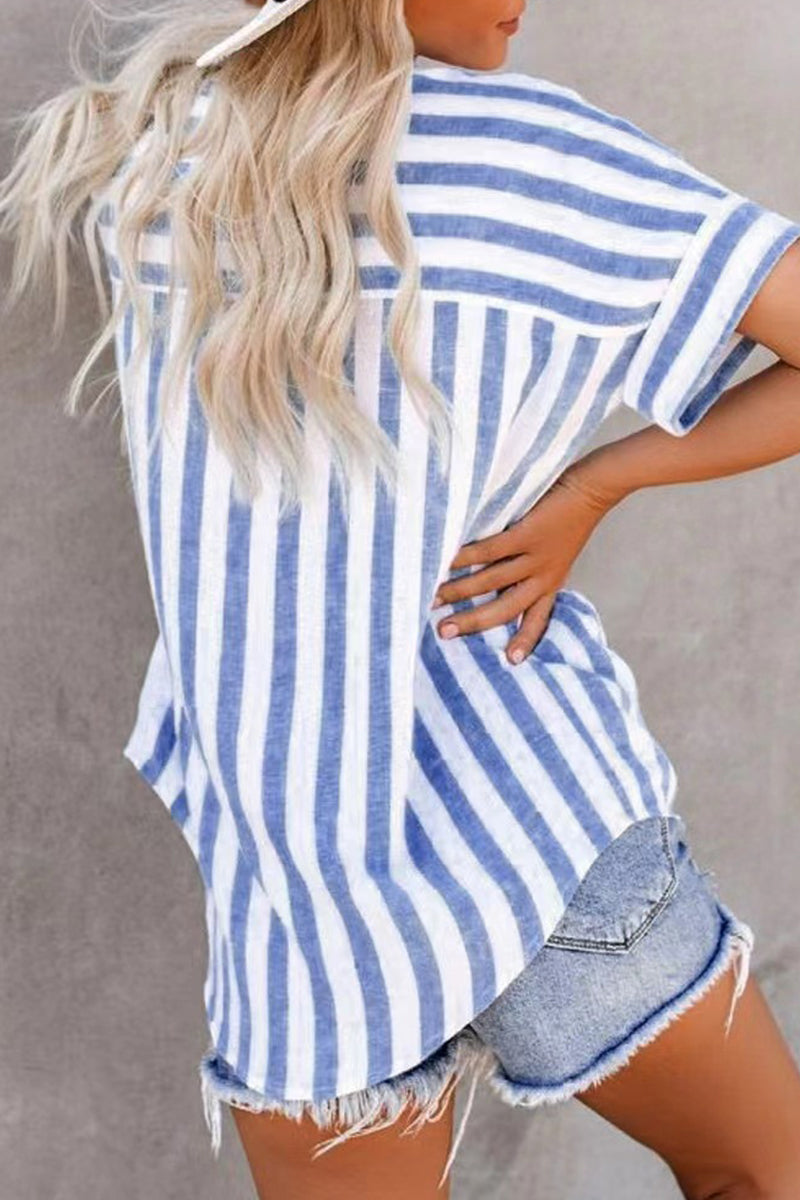 Casual Striped Patchwork Turndown Collar Tops