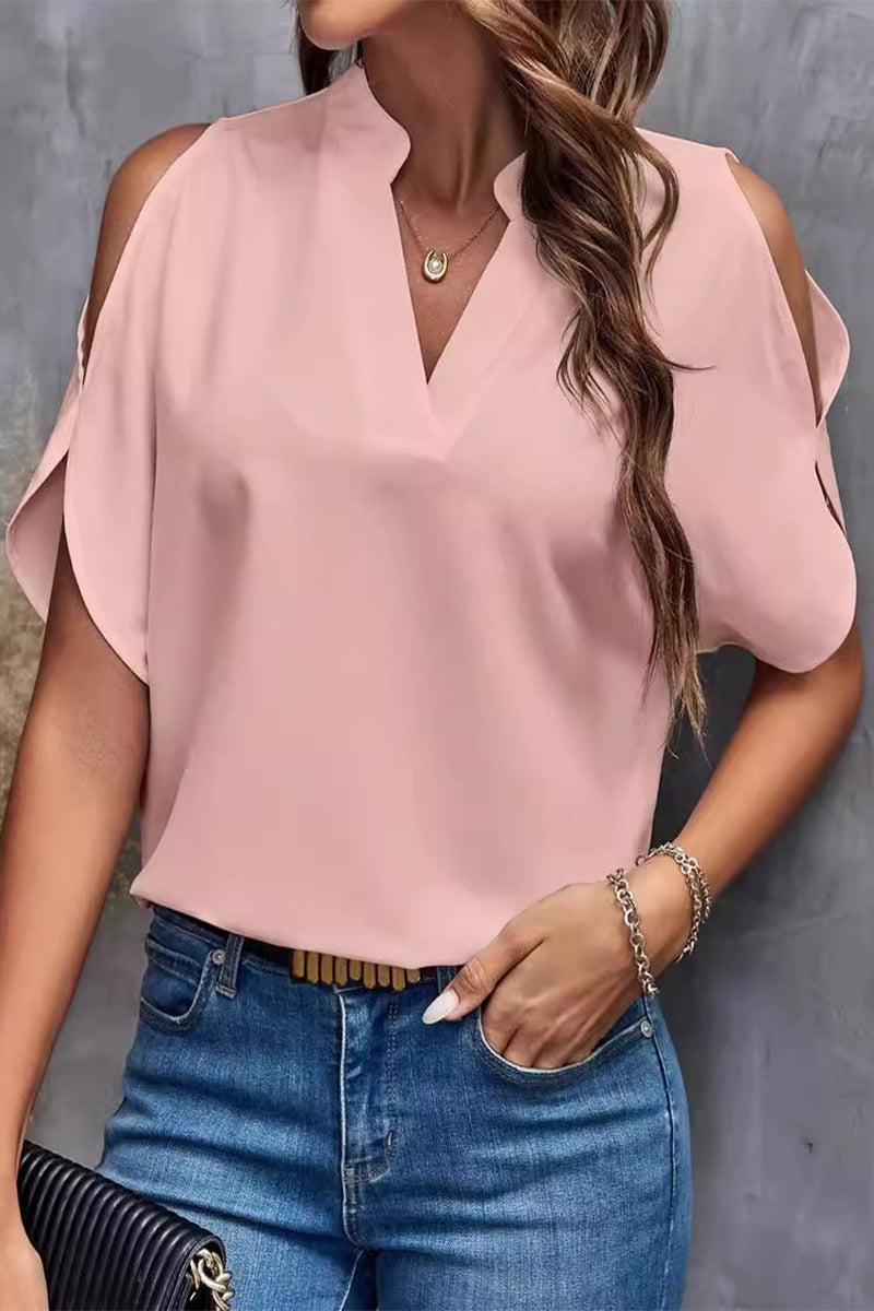 Casual Solid Patchwork V Neck Tops