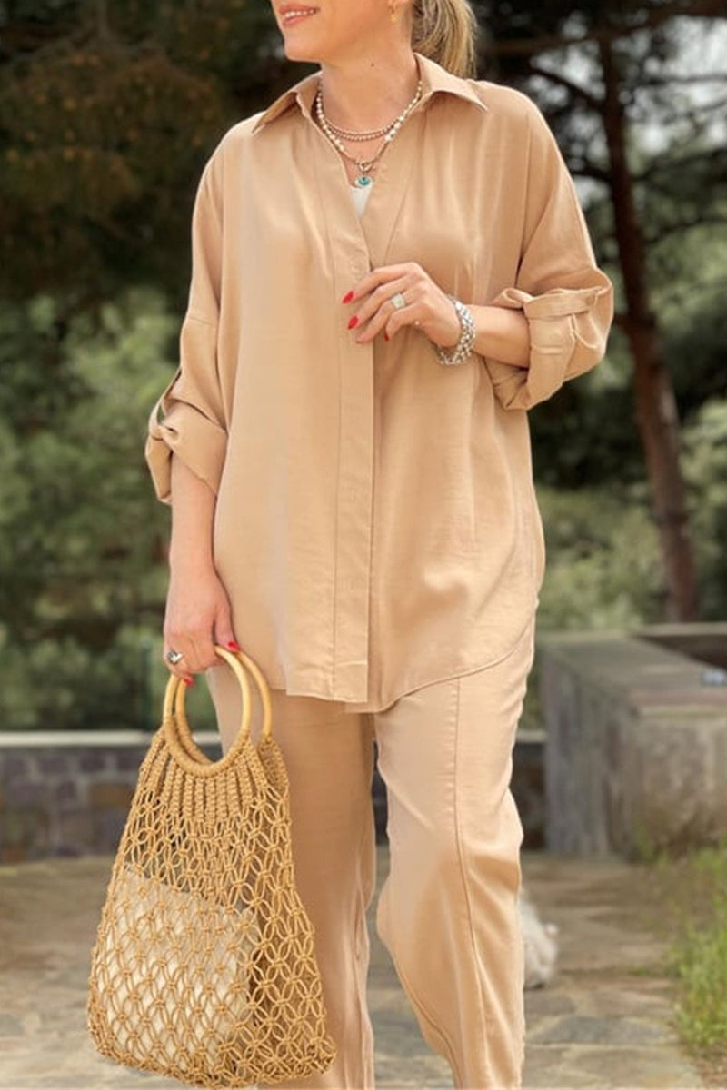 Casual Daily Solid Pocket Frenulum Turndown Collar Long Sleeve Two Pieces