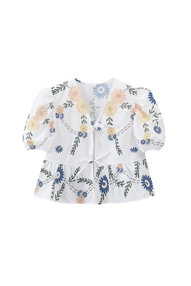 Casual Not Positioning Printed Flowers Frenulum V Neck Blouses