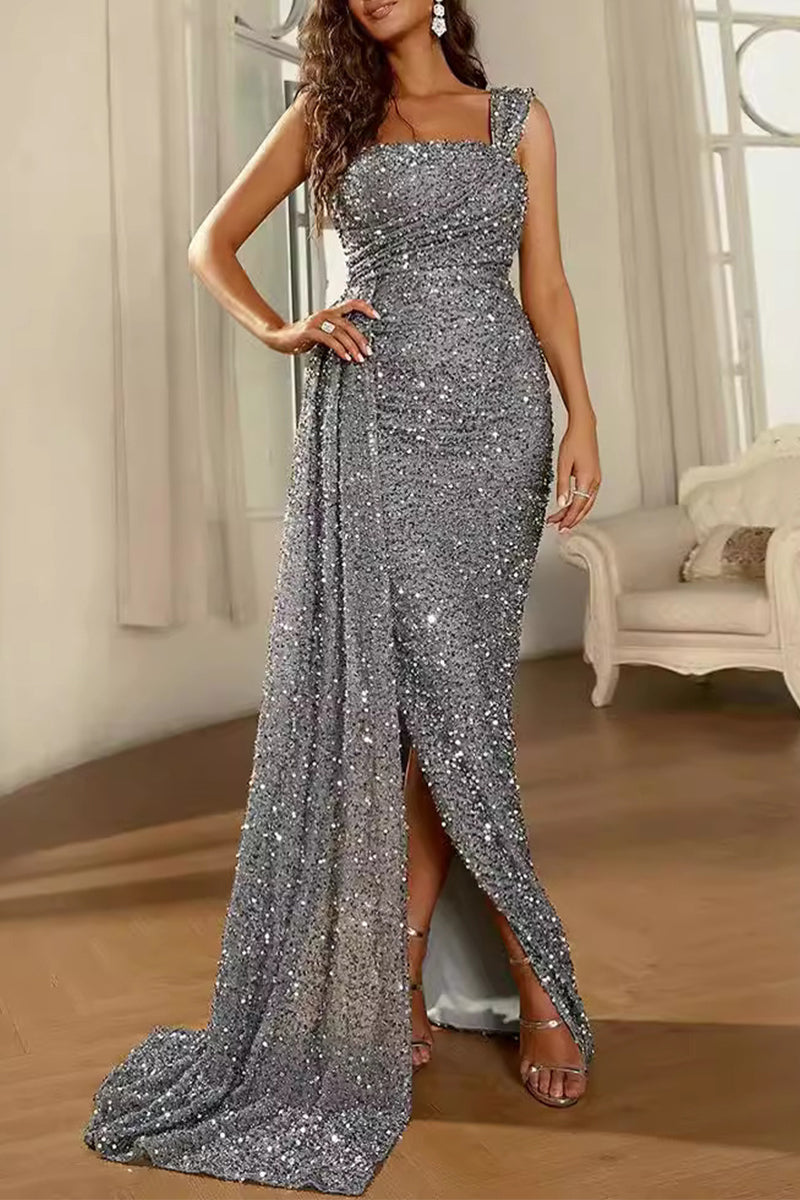 Sexy Formal Solid Sequins Slit Square Collar Evening Dresses