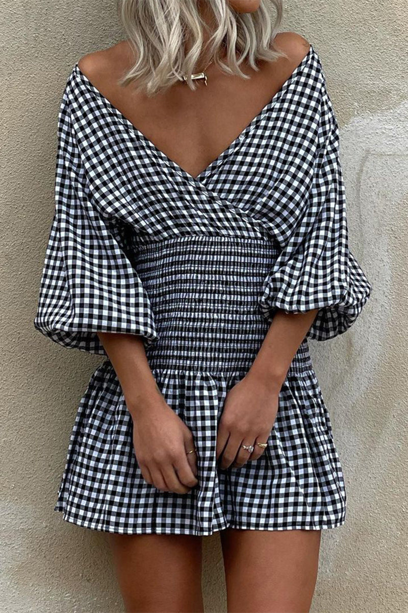 Casual Plaid V Neck Waist Skirt Dresses(5 Colors)