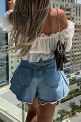 Casual Solid Patchwork High Waist Skinny Denim Shorts