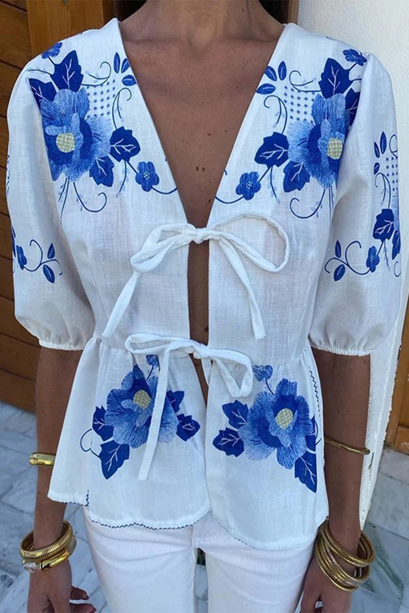 Casual Print Flowers Frenulum V Neck Blouses