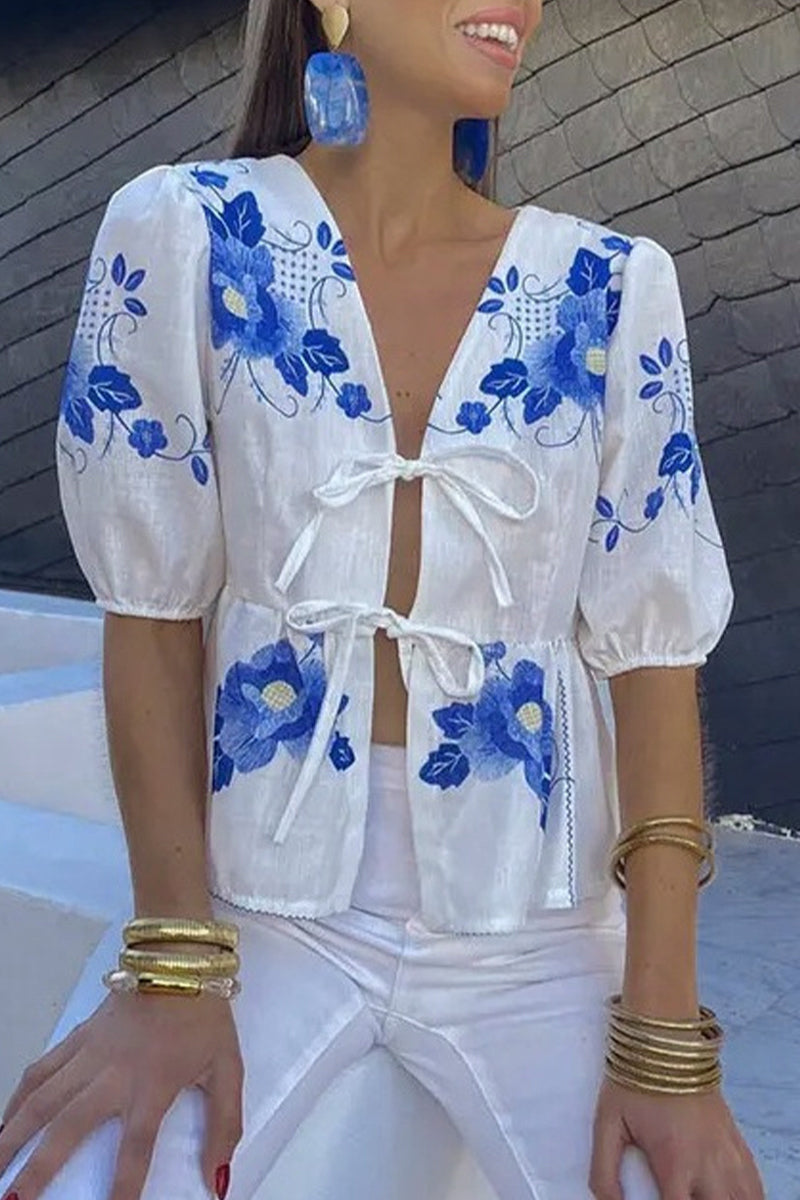 Casual Print Flowers Frenulum V Neck Blouses