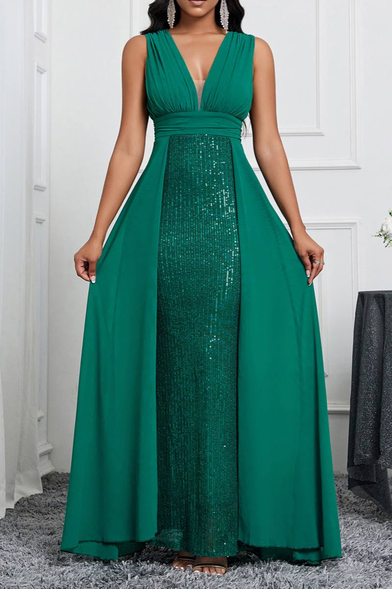 Sexy Formal Patchwork Sequins V Neck Long Dresses