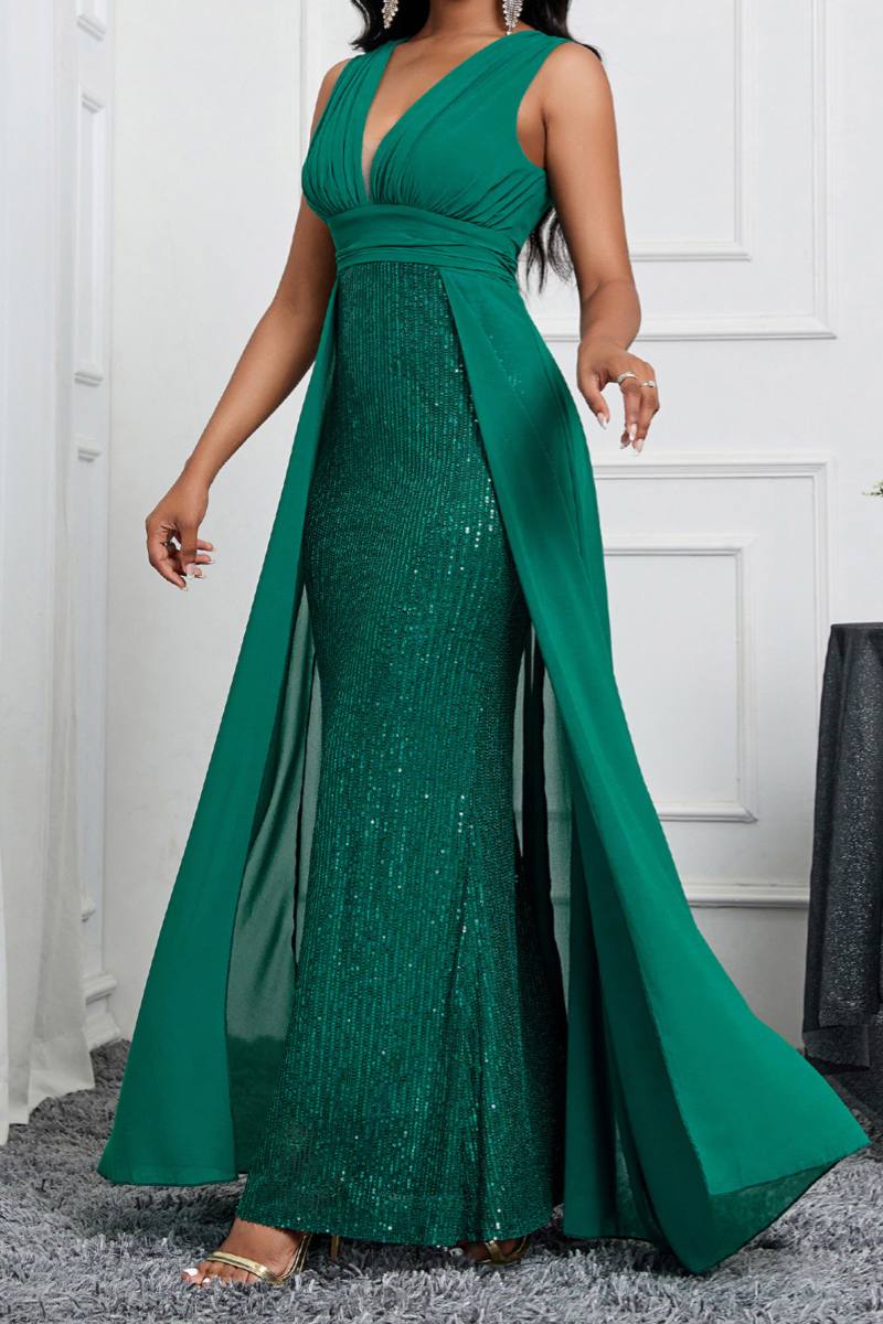 Sexy Formal Patchwork Sequins V Neck Long Dresses