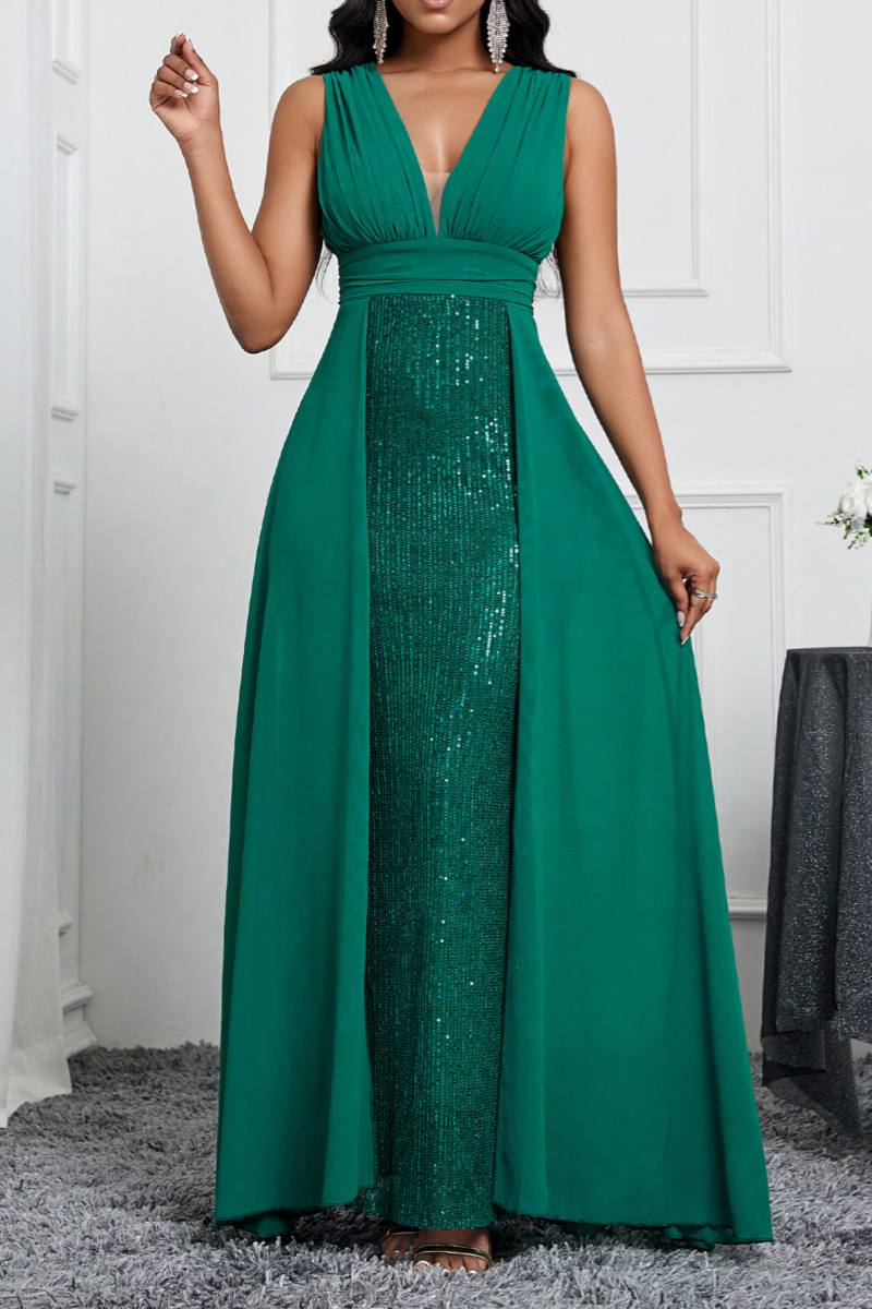 Sexy Formal Patchwork Sequins V Neck Long Dresses