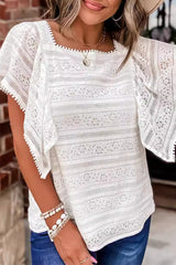 Casual Simplicity Solid Lace Hollowed Out O Neck Tops