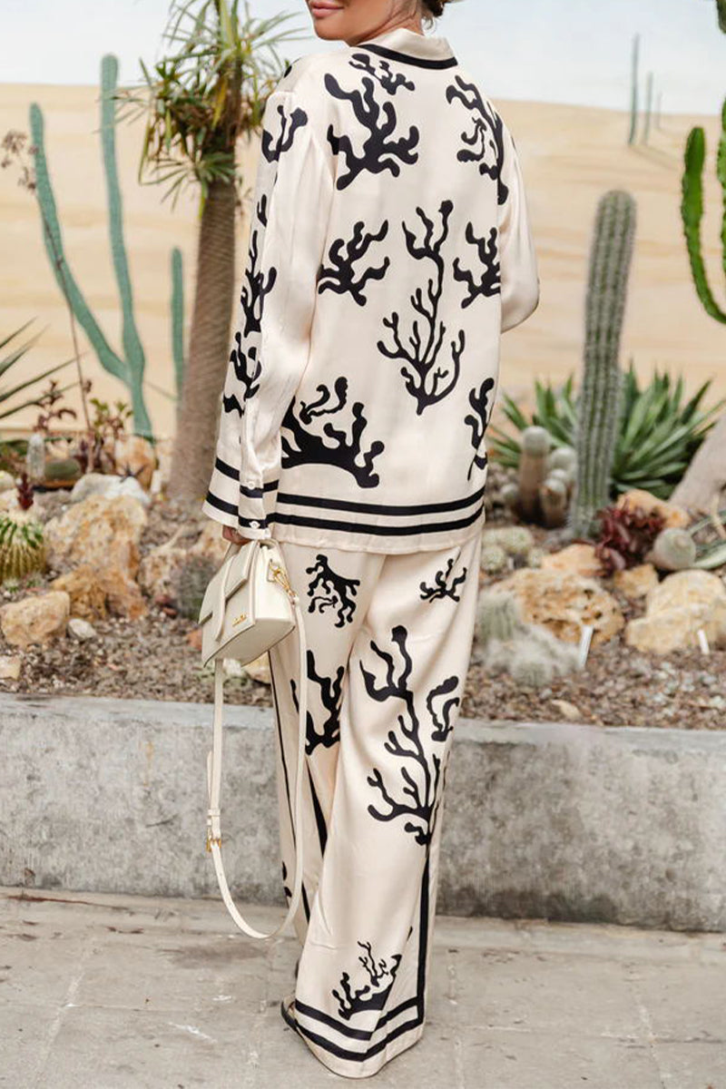 Casual Vacation Geometric Print Turndown Collar Long Sleeve Two Pieces