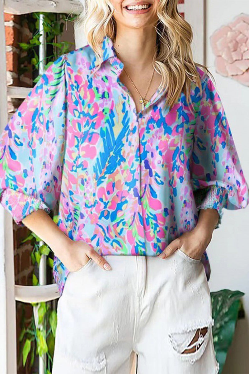 Casual Sweet Floral Turndown Collar Blouses(4 Colors)