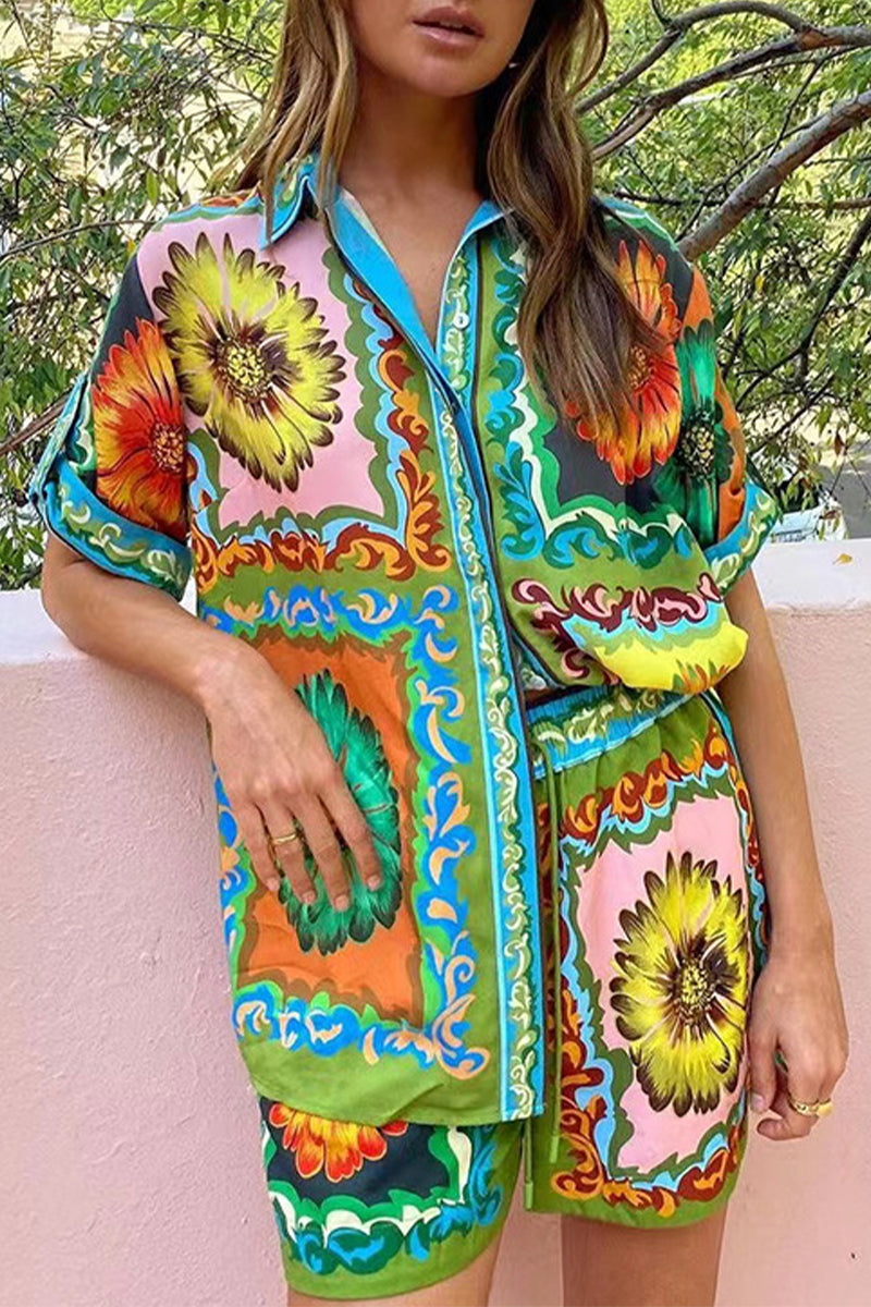 Casual Vacation Print Flowers Patchwork Turndown Collar Short Sleeve Two Pieces