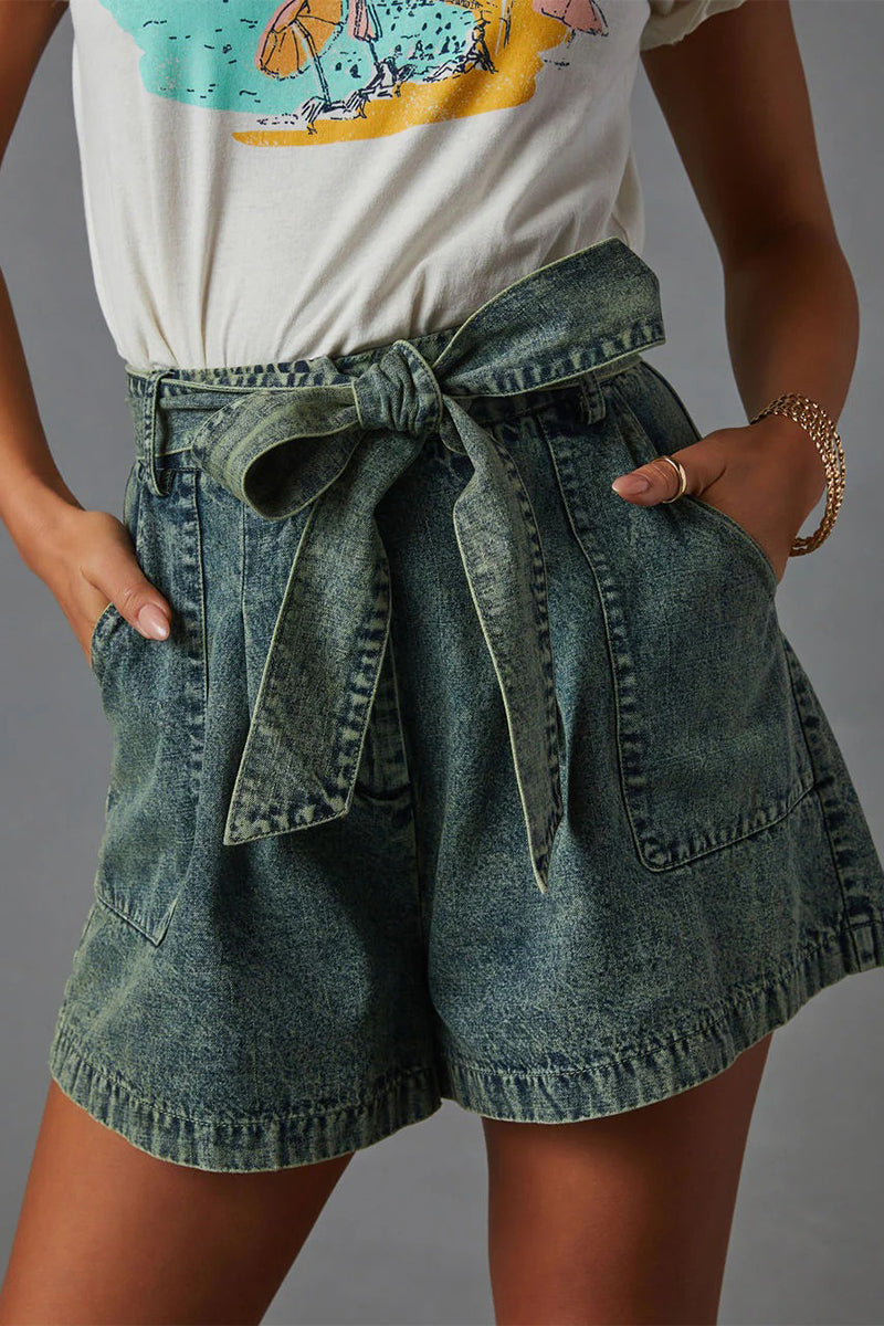 Casual Vintage Solid Bandage Make Old Pocket High Waist Denim Shorts