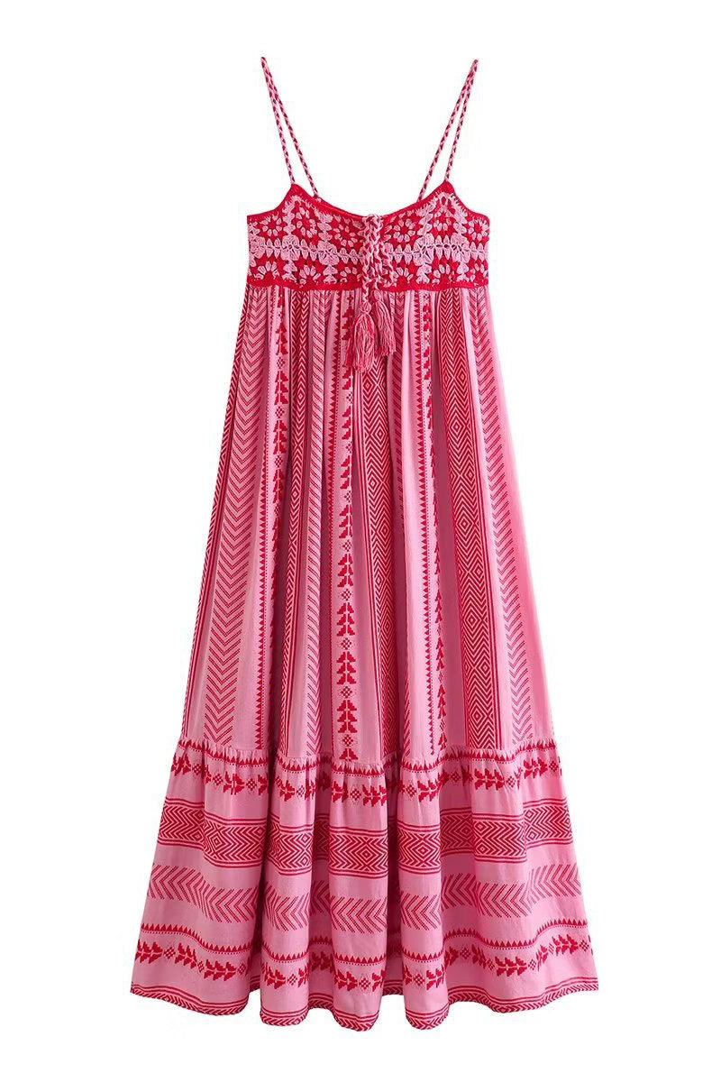 Sexy Vacation Geometric Hook Flower Tassel Embroidered Three-dimensional Pattern Sling Dresses(No Belt)