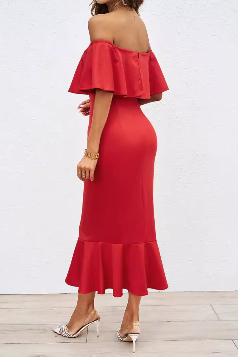 Sexy Prom Solid Color Ruffle Off Shoulder Fishtail Dresses