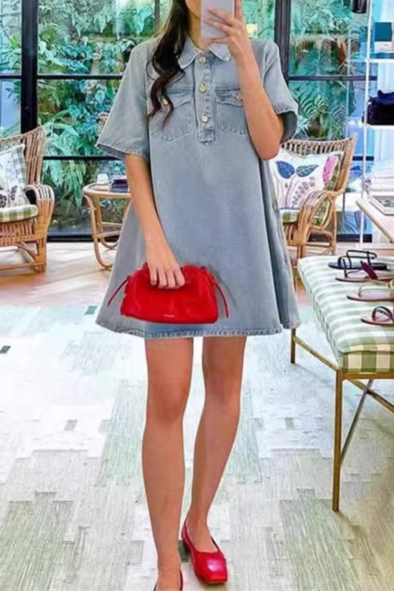 Casual Daily Solid Color Buttons Turndown Collar Short Sleeve Loose Denim Dresses