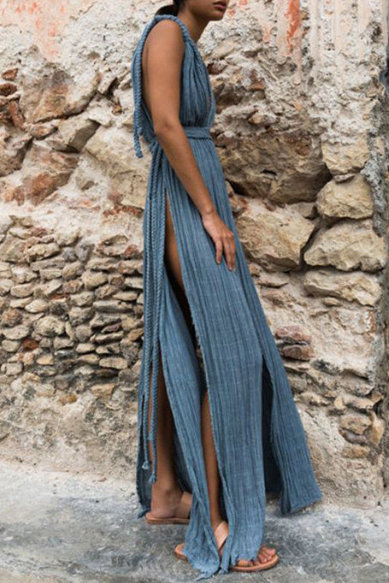 Sexy Vacation Solid Color Slit Strap Design V Neck Beach Dresses