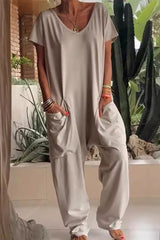 Casual Daily Solid Color Pocket V Neck Loose Jumpsuits(8 Colors)