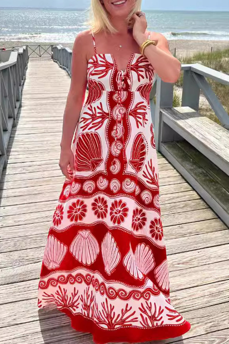 Sexy Vacation Geometric Print Lace Up V Neck Sling Dresses