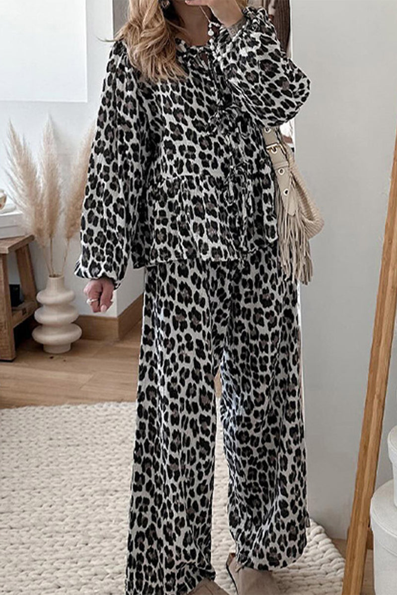 Casual Daily Leopard Print Lace Up Ruffle O Neck Long Sleeve Two Pieces