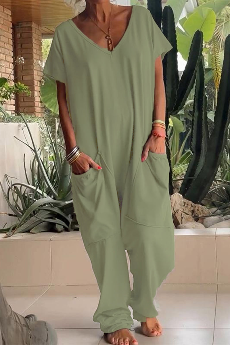 Casual Daily Solid Color Pocket V Neck Loose Jumpsuits(8 Colors)