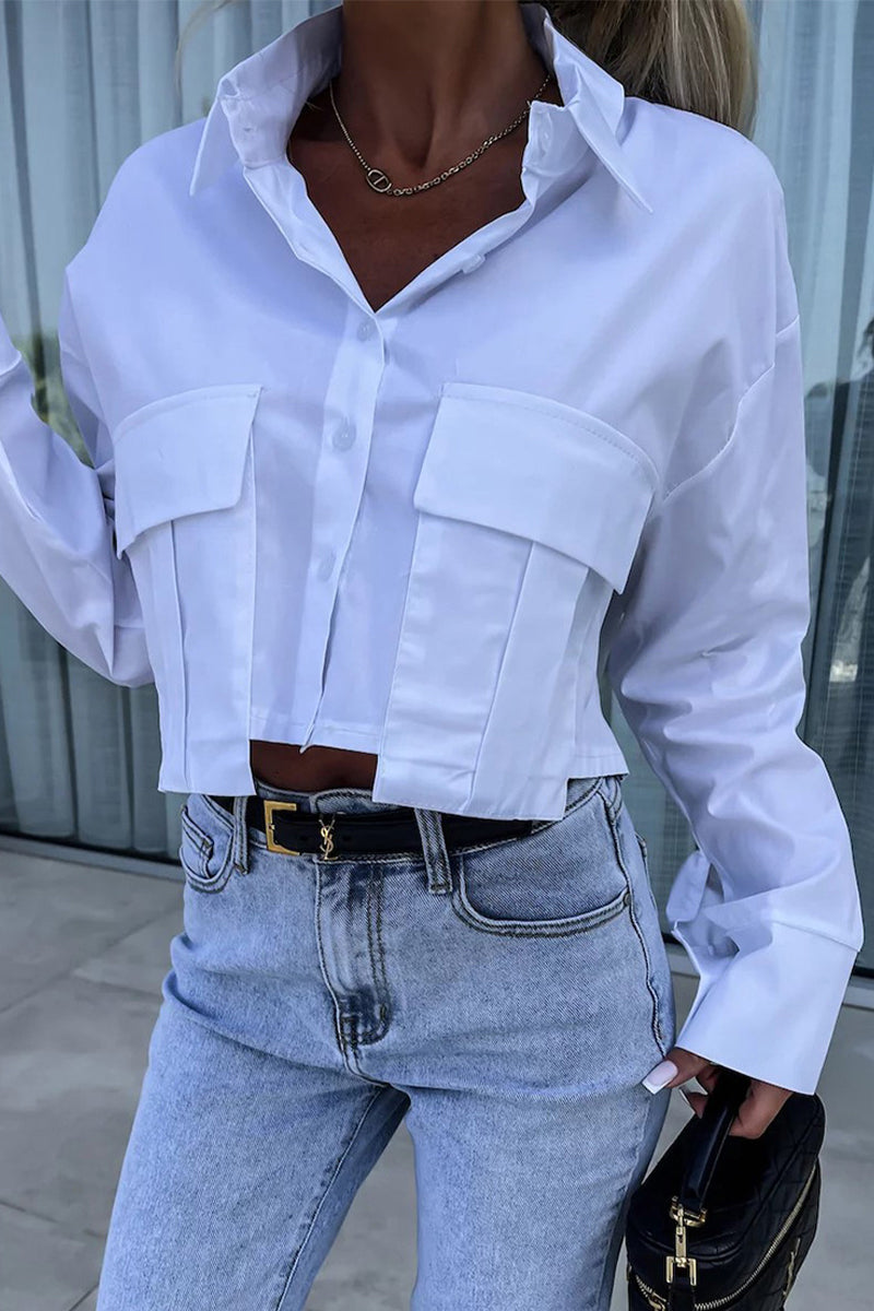 Casual Daily Solid Color Buttons Patchwork Shirt Collar Blouses