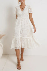 Casual Daily Solid Color Lace Buttons V Neck A Line Dresses(4 Colors)